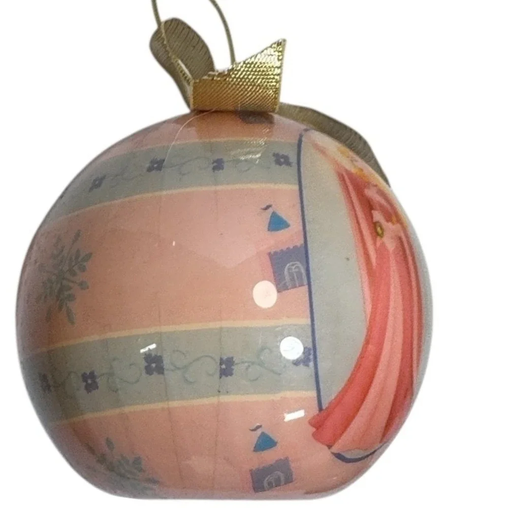 Disney Sleeping Beauty Aurora Decoupage Christmas Ornament Pink Gold Bow 2005
